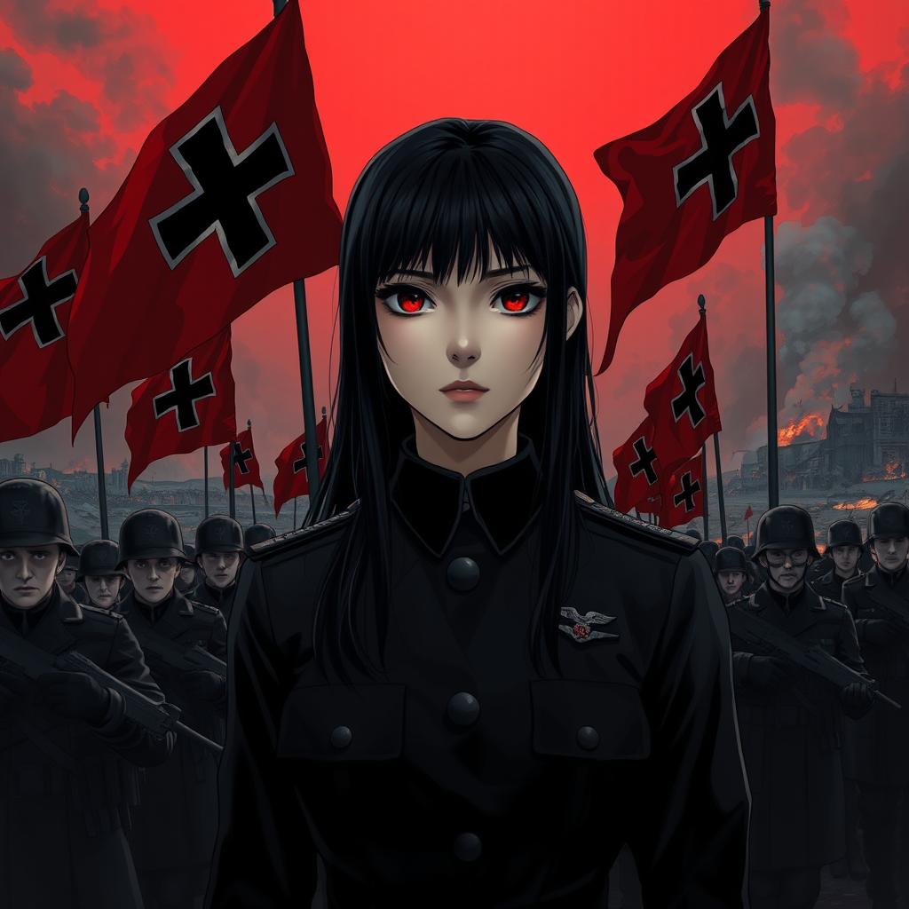 A dark realism and anime-style image of a young female military officer with long black hair, dressed entirely in black, and very dark red eyes, with a cold, serious, and dark gaze