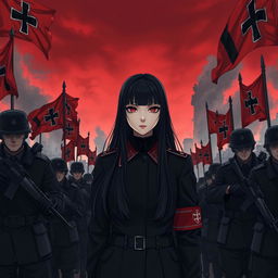 A dark realism and anime-style image of a young female military officer with long black hair, dressed entirely in black, and very dark red eyes, with a cold, serious, and dark gaze