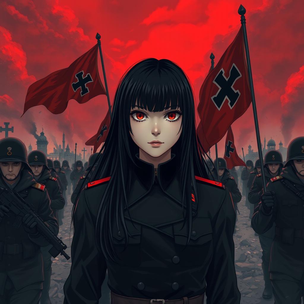 A dark realism and anime-style image of a young female military officer with long black hair, dressed entirely in black, and very dark red eyes, with a cold, serious, and dark gaze