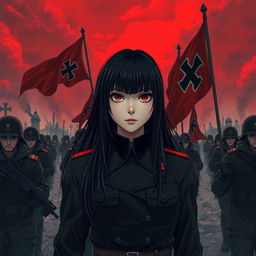 A dark realism and anime-style image of a young female military officer with long black hair, dressed entirely in black, and very dark red eyes, with a cold, serious, and dark gaze