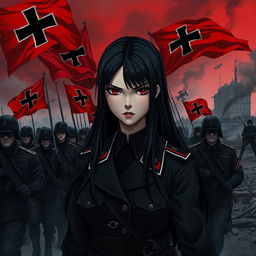 A dark realism and anime-style image of a young female military officer with long black hair, dressed entirely in black, and very dark red eyes, with a cold, serious, and dark gaze