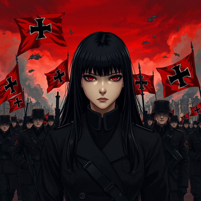 A dark realism and anime-style image of a young female military officer with long black hair, dressed entirely in black, and very dark red eyes, with a cold, serious, and dark gaze