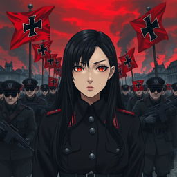 A dark realism and anime-style image of a young female military officer with long black hair, dressed entirely in black, and very dark red eyes, with a cold, serious, and dark gaze