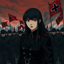 A dark realism and anime-style image of a young female military officer with long black hair, dressed entirely in black, and very dark red eyes, with a cold, serious, and dark gaze