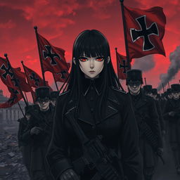 A dark realism and anime-style image of a young female military officer with long black hair, dressed entirely in black, and very dark red eyes, with a cold, serious, and dark gaze