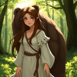 A female half-elf druid with a round face, green eyes, and long brown hair