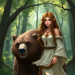 A female half-elf druid with a round face, green eyes, and long brown hair