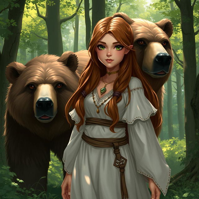 A female half-elf druid with a round face, green eyes, and long brown hair