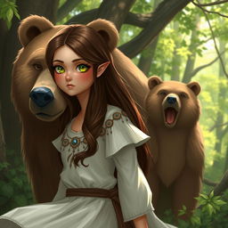 A female half-elf druid with a round face, green eyes, and long brown hair