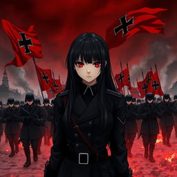 A dark realism and anime-style image of a young female military officer with long black hair, dressed entirely in black, and very dark red eyes, with a cold, serious, and dark gaze