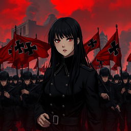 A dark realism and anime-style image of a young female military officer with long black hair, dressed entirely in black, and very dark red eyes, with a cold, serious, and dark gaze