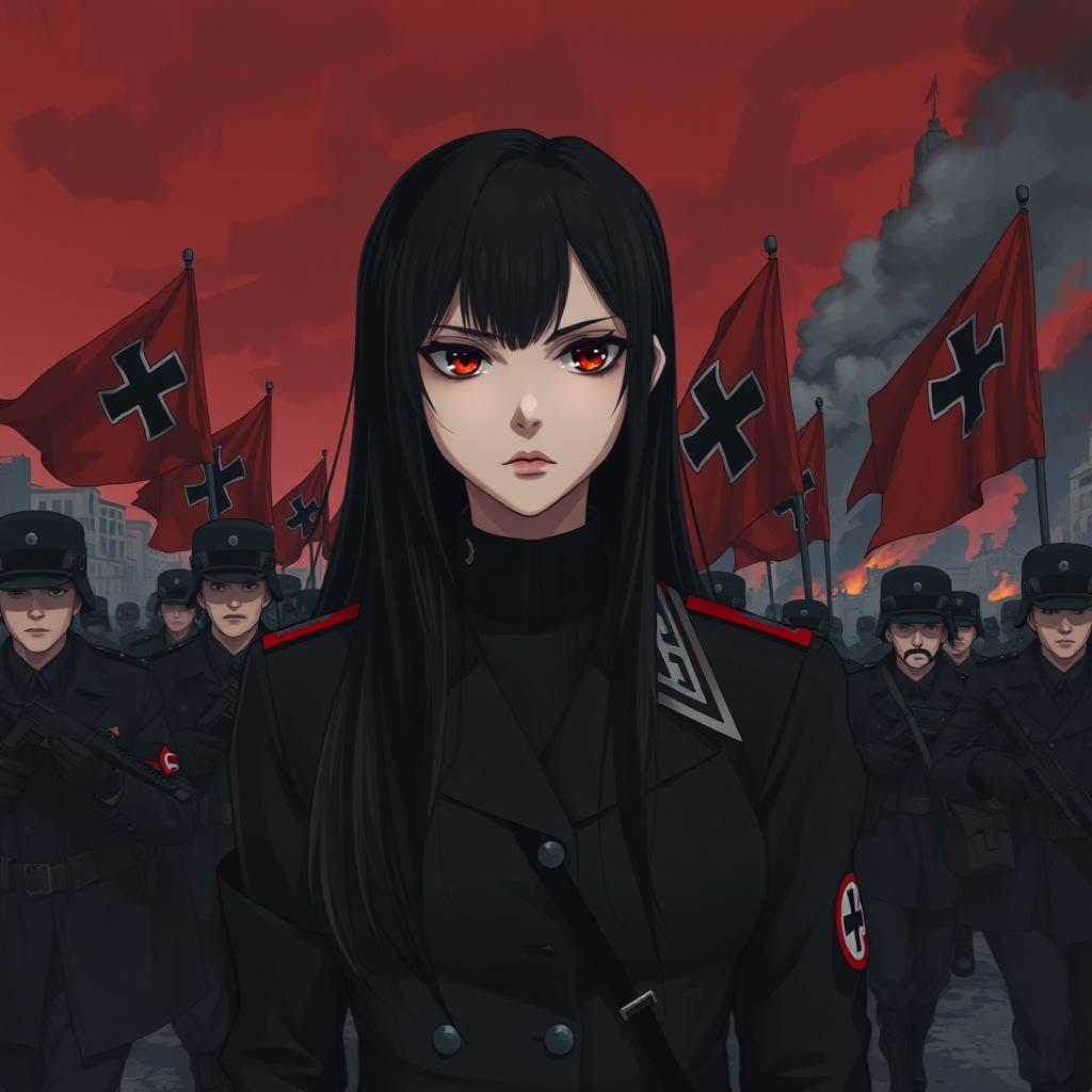 A dark realism and anime-style image of a young female military officer with long black hair, dressed entirely in black, and very dark red eyes, with a cold, serious, and dark gaze