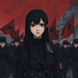 A dark realism and anime-style image of a young female military officer with long black hair, dressed entirely in black, and very dark red eyes, with a cold, serious, and dark gaze