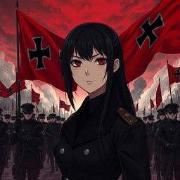 A dark realism and anime-style image of a young female military officer with long black hair, dressed entirely in black, and very dark red eyes, with a cold, serious, and dark gaze