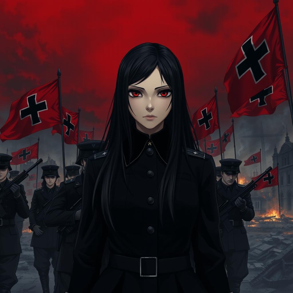 A dark realism and realistic anime-style image of a young female military officer with long black hair, dressed entirely in black, and very dark red eyes, with a cold, serious, and dark gaze