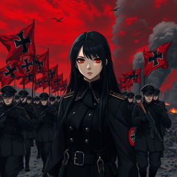 A dark realism and realistic anime-style image of a young female military officer with long black hair, dressed entirely in black, and very dark red eyes, with a cold, serious, and dark gaze