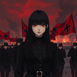 A dark realism and realistic anime-style image of a young female military officer with long black hair, dressed entirely in black, and very dark red eyes, with a cold, serious, and dark gaze