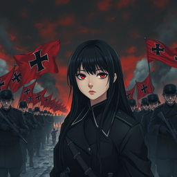 A dark realism and realistic anime-style image of a young female military officer with long black hair, dressed entirely in black, and very dark red eyes, with a cold, serious, and dark gaze