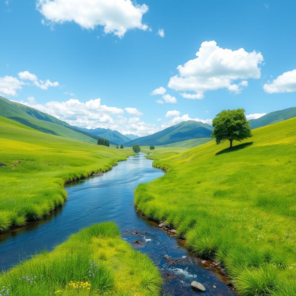 Create an image depicting a serene landscape with a clear blue sky, lush green meadows, and a calm river flowing gently