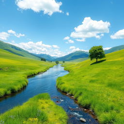 Create an image depicting a serene landscape with a clear blue sky, lush green meadows, and a calm river flowing gently