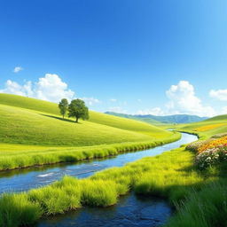 Create an image depicting a serene landscape with a clear blue sky, lush green meadows, and a calm river flowing gently