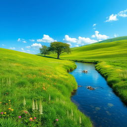 Create an image depicting a serene landscape with a clear blue sky, lush green meadows, and a calm river flowing gently