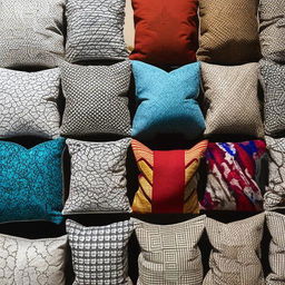 An assortment of uniquely designed sofa pillows, showcasing a variety of patterns, textures, and color combinations.