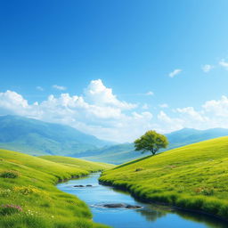 Create an image depicting a serene landscape with a clear blue sky, lush green meadows, and a calm river flowing gently