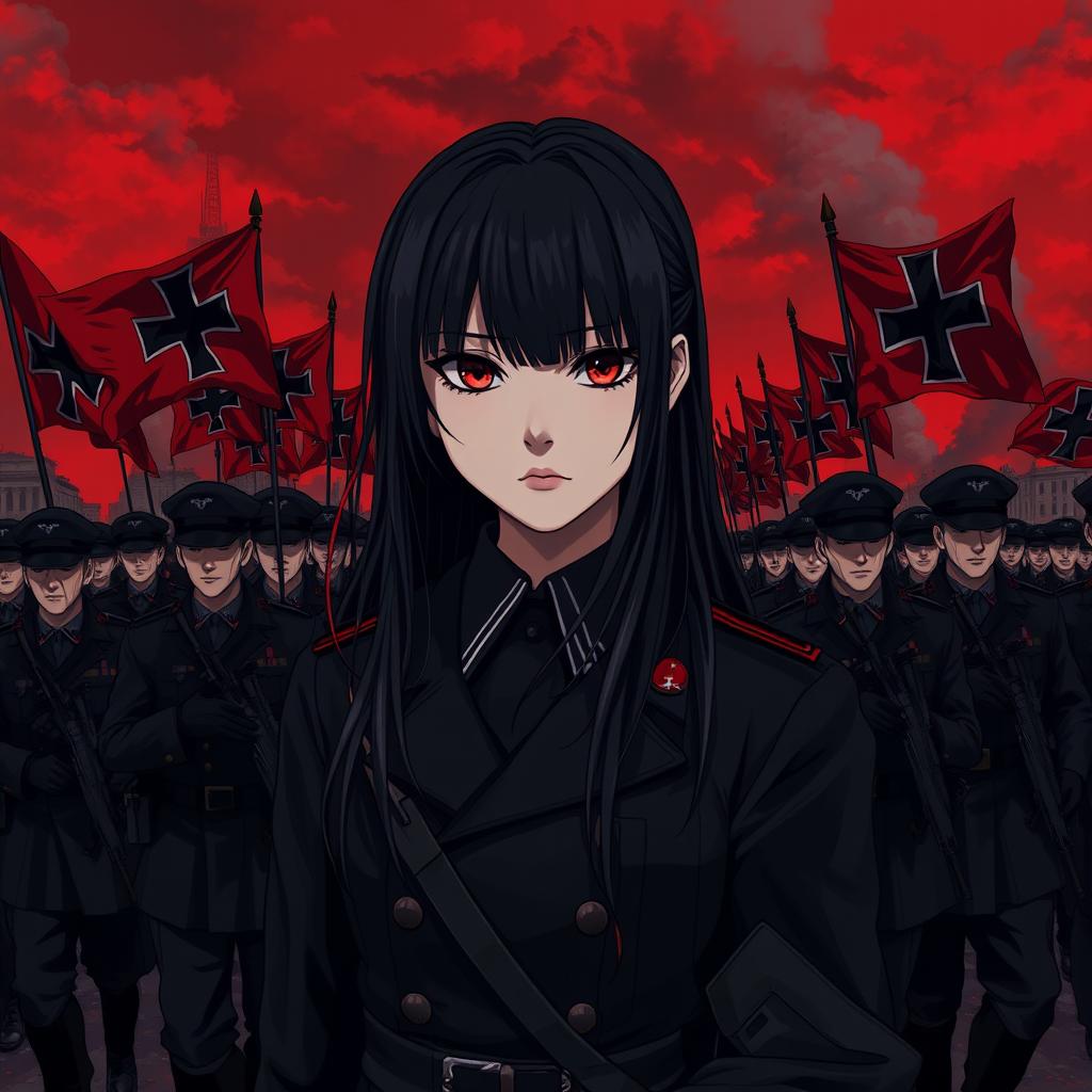 A dark realism and realistic anime-style image of a young female military officer with long black hair, dressed entirely in black, and very dark red eyes, with a cold, serious, and dark gaze