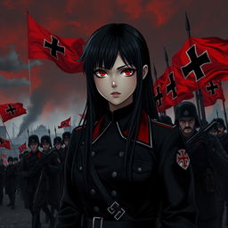 A dark realism and realistic anime-style image of a young female military officer with long black hair, dressed entirely in black, and very dark red eyes, with a cold, serious, and dark gaze