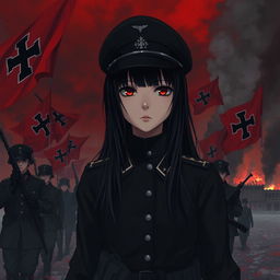 A dark realism and realistic anime-style image of a young female military officer with long black hair, dressed entirely in black, and very dark red eyes, with a cold, serious, and dark gaze