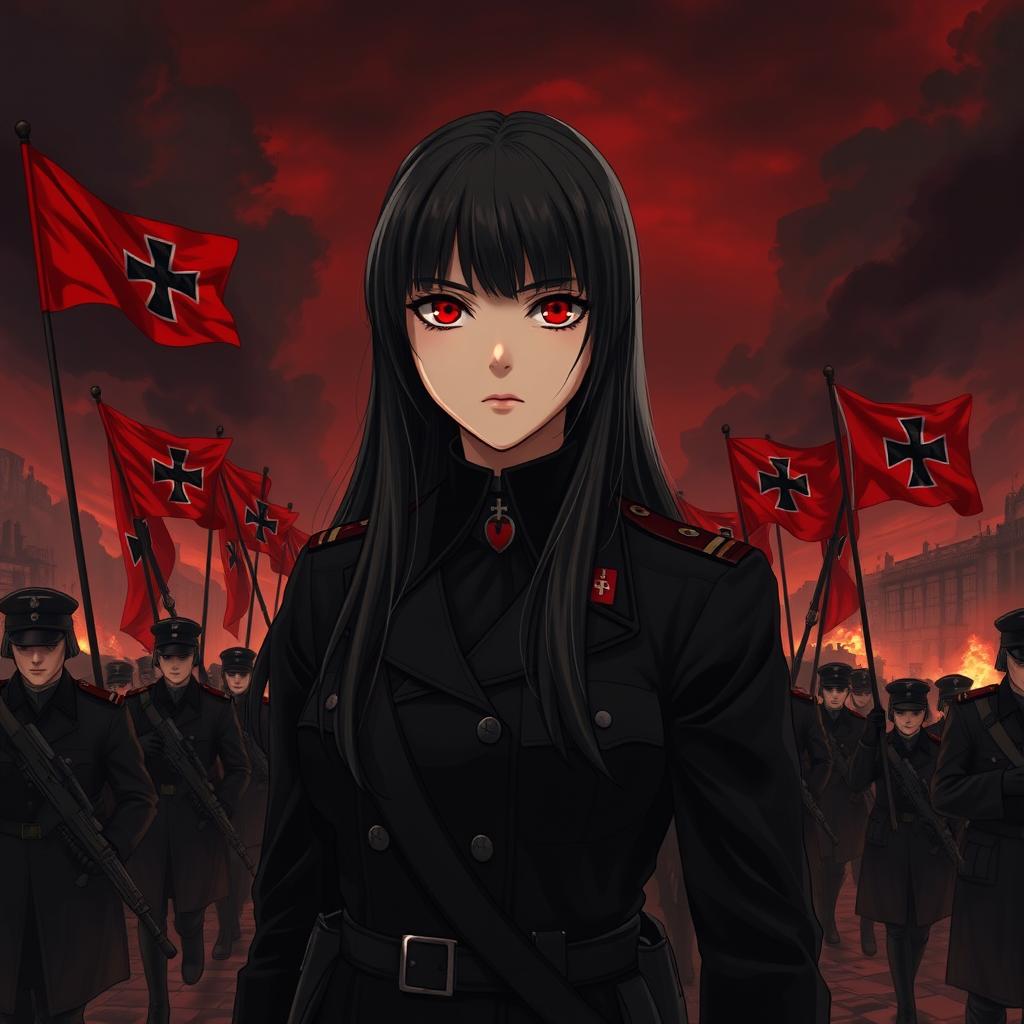 A dark realism and realistic anime-style image of a young female military officer with long black hair, dressed entirely in black, and very dark red eyes, with a cold, serious, and dark gaze