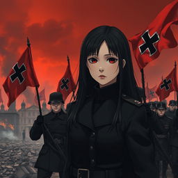 Create a dark realism and realistic anime-style image of a young female military officer dressed entirely in black, with long black hair and very dark red eyes, highlighted by her cold, serious, and dark gaze