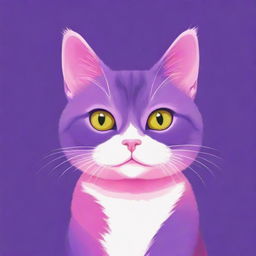 A vibrant cartoon cat in hues of purple and pink, posing for a lively and colorful profile picture.