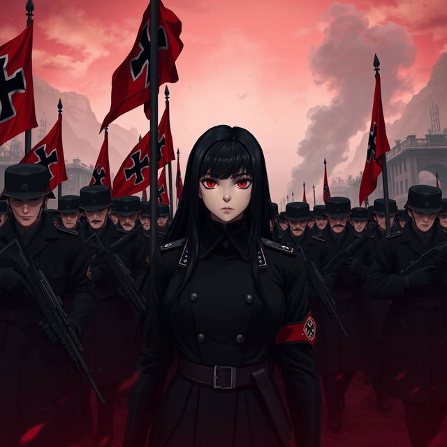 Create a dark realism and realistic anime-style image of a young female military officer dressed entirely in black, with long black hair and very dark red eyes, highlighted by her cold, serious, and dark gaze