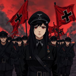 Create a dark realism and realistic anime-style image of a young female military officer dressed entirely in black, with long black hair and very dark red eyes, highlighted by her cold, serious, and dark gaze