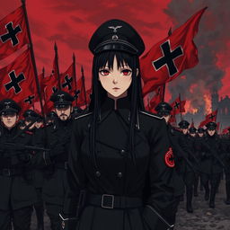 Create a dark realism and realistic anime-style image of a young female military officer dressed entirely in black, with long black hair and very dark red eyes, highlighted by her cold, serious, and dark gaze