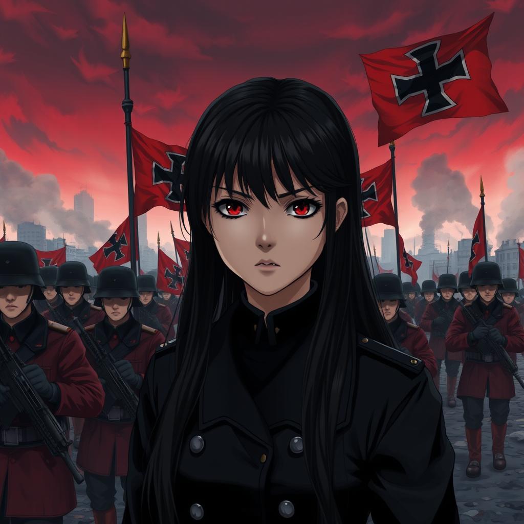 A dark realism and anime-style 9:16 format image of a young female military officer with long black hair, dressed entirely in black, and very dark red eyes, with a cold, serious, and dark gaze