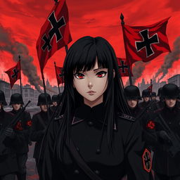 A dark realism and anime-style 9:16 format image of a young female military officer with long black hair, dressed entirely in black, and very dark red eyes, with a cold, serious, and dark gaze