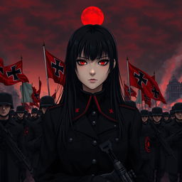 A dark realism and anime-style 9:16 format image of a young female military officer with long black hair, dressed entirely in black, and very dark red eyes, with a cold, serious, and dark gaze