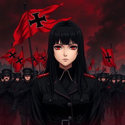 A dark realism and anime-style 9:16 format image of a young female military officer with long black hair, dressed entirely in black, and very dark red eyes, with a cold, serious, and dark gaze