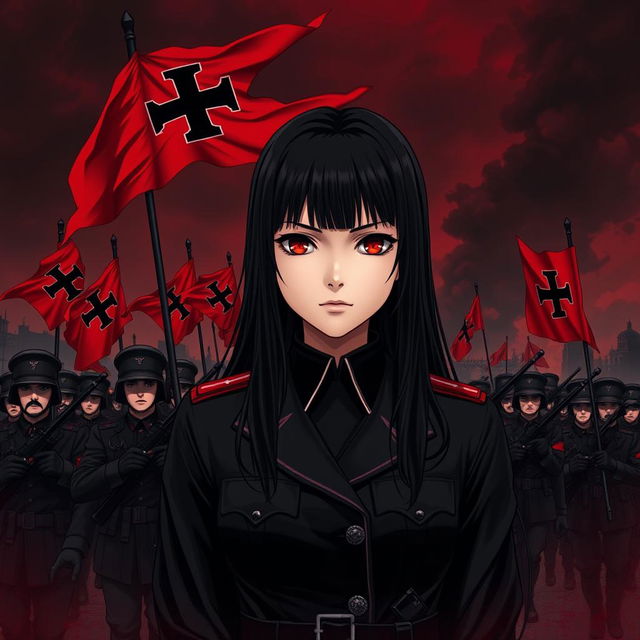 A dark realism and anime-style 9:16 format image of a young female military officer with long black hair, dressed entirely in black, and very dark red eyes, with a cold, serious, and dark gaze