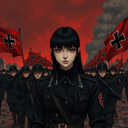 A dark realism and anime-style image of a very beautiful young female military officer with long black hair, dressed entirely in black, and very dark red eyes, with a cold, serious, and dark gaze