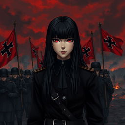 A dark realism and anime-style image of a very beautiful young female military officer with long black hair, dressed entirely in black, and very dark red eyes, with a cold, serious, and dark gaze