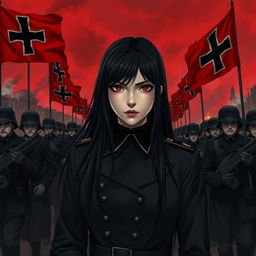 A dark realism and anime-style image of a very beautiful young female military officer with long black hair, dressed entirely in black, and very dark red eyes, with a cold, serious, and dark gaze