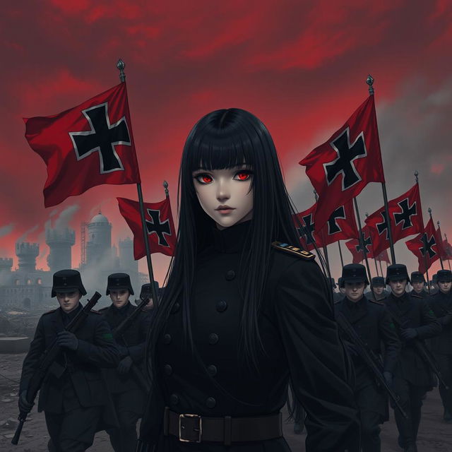 A dark realism and anime-style image of a very beautiful young female military officer with long black hair, dressed entirely in black, and very dark red eyes, with a cold, serious, and dark gaze