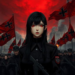 A dark realism and anime-style image of a beautiful young female military officer with long black hair, dressed entirely in black, and very dark red eyes, with a cold, serious, and dark gaze