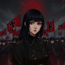 A dark realism and anime-style image of a beautiful young female military officer with long black hair, dressed entirely in black, and very dark red eyes, with a cold, serious, and dark gaze