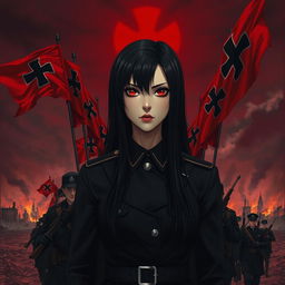 A dark realism and anime-style image of a beautiful young female military officer with long black hair, dressed entirely in black, and very dark red eyes, with a cold, serious, and dark gaze