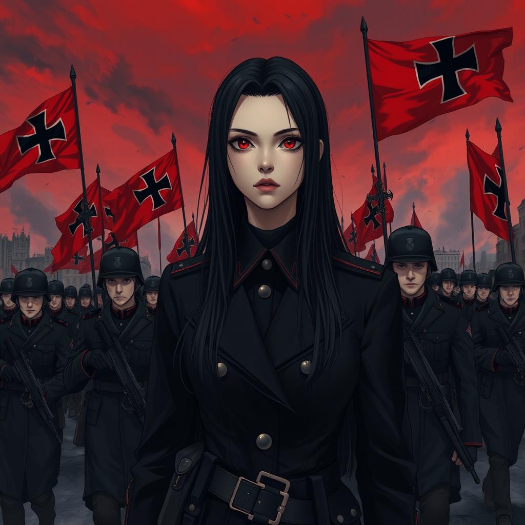 A dark realism and anime-style image of a beautiful young female military officer with long black hair, dressed entirely in black, and very dark red eyes, with a cold, serious, and dark gaze